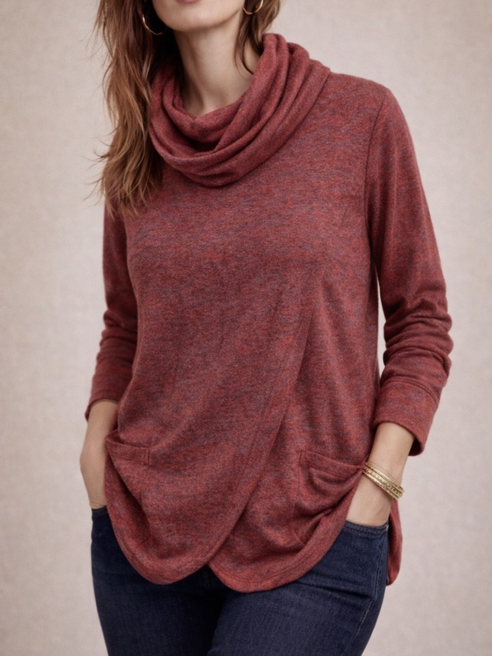 Aryeh Large oversized relaxed earthy red tunic long sleeve soft mock Boho tunic